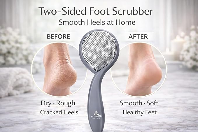 Foot File & Callus Remover for Cracked Heels – Double-Sided Stainless Steel Foot Scrubber with Coarse & Fine Surfaces, Heavy Duty Pedicure Tool for Dead Skin & Smooth Feet (Gray)