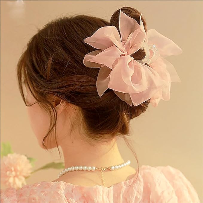 Elegant Mesh Tulle Hair Claws with Large Bowknot - Chiffon Hair Clips for Thick Hair and Women's Hair Accessories