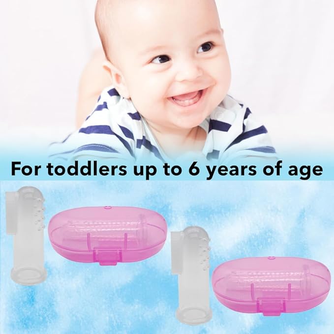 Baby Finger Toothbrush (Set of 2) - Silicone Baby Toothbrush with 2 Cases in Pink - Toddler Training Toothbrush - Newborn Oral Massager - Easy Oral Hygiene for Kids & Pets (Pink)
