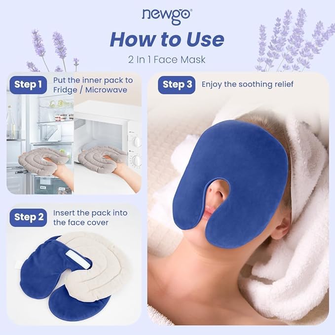 NEWGO Heating Pad Sinus Relief Mask Moist Heat Face Eye Mask Microwavable, Warm Compress for Sinus Pressure Relief, Migraine, Tension Headache Relief - Blue