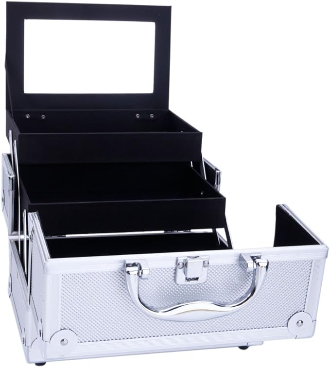 Makeup Train Case, Makeup Case Organizer with Mirror, Portable Cosmetic Box Storage with 2 Trays, Make Up Travel Case for Nail Kits Cosmetics Craft Traveling, Gifts for Women and Girls (Silver)