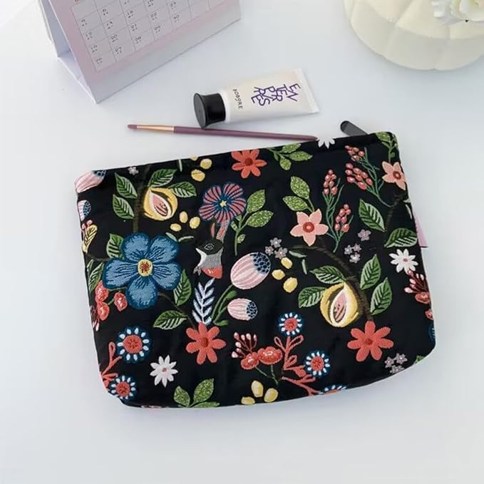 SxoSyo Makeup Bag Embroidery Cosmetic Bags for Women Large Travel Toiletry Pouch Zipper Storage Purse Make up Brushes Organizer for Gifts (Flowers, Black)