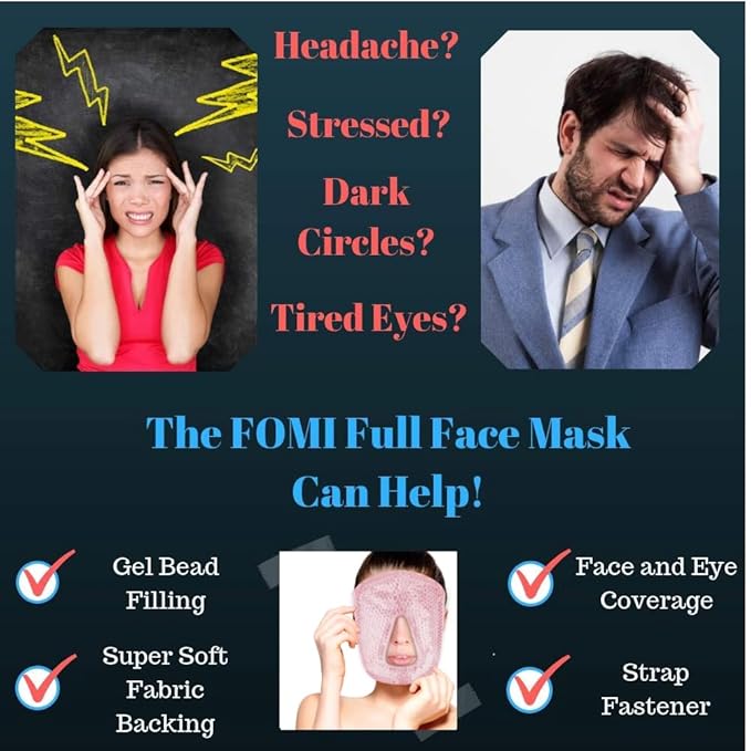 Hot and Cold Therapy Gel Bead Full Facial Mask by FOMI Care | Ice Face Mask for Migraine Headache, Stress Relief | Reduces Eye Puffiness, Dark Circles | Fabric Back (Full Face w/o Eye Holes Pink)