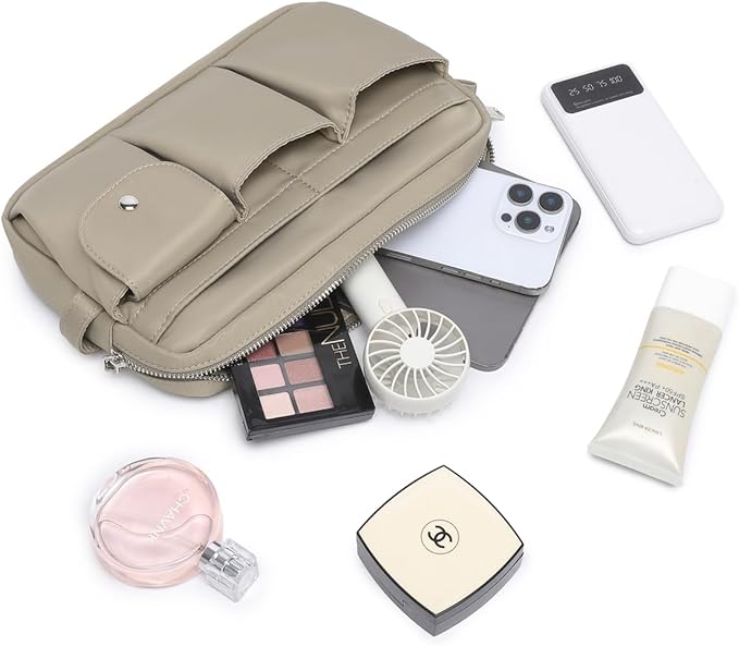 Storage Bag-arge Cosmetic Bag for Women Travel Makeup Bag Zip Up Bag Pure Cotton Canvas Can be Suspended (Khaki)