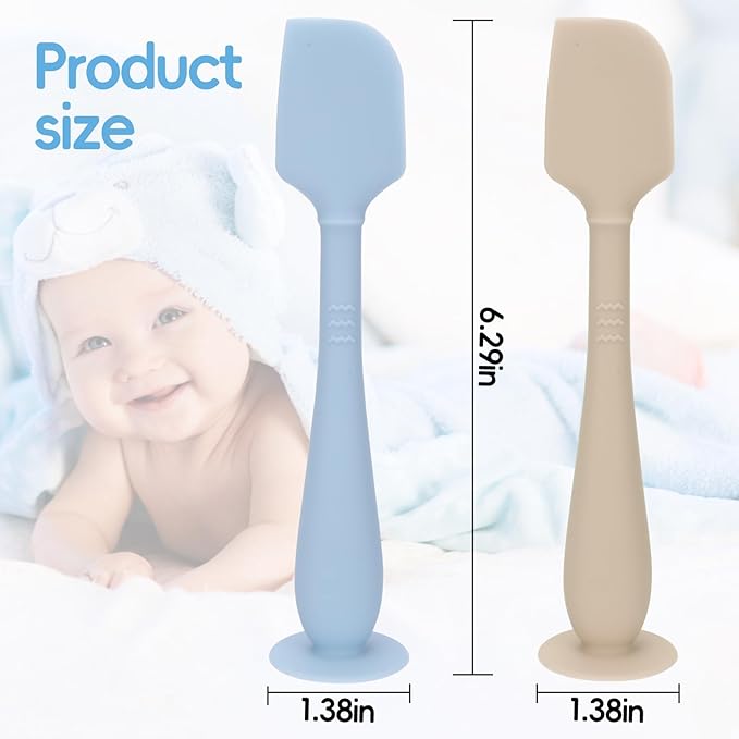 2 Pack Diaper Cream Spatula With Hygienic Travel Case, Baby Butt Paste Applicator With Suction Base, Soft Silicone Diaper Rash Cream Applicator Large Size (Blue & Brown)