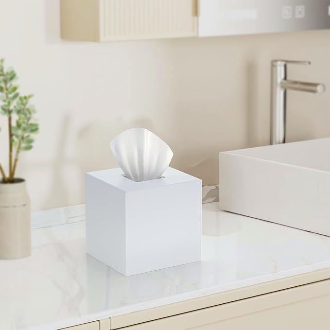 SILUT Tissue Box Cover Square, Acrylic Tissue Holder, Decorative Tissue Box Dispenser for Bathroom Bedroom Office Vanity, Tissues Organizer, Matte White