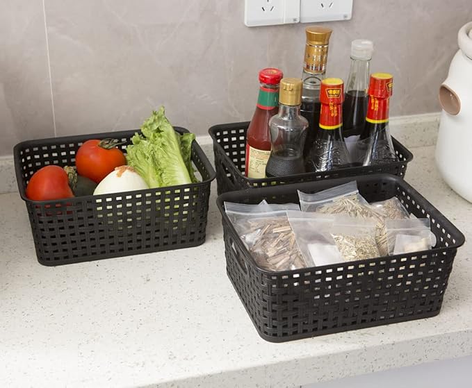 Black Plastic Weave Storage Baskets, 12-Pack Woven Basket Organizer for Kitchen Office Bathroom