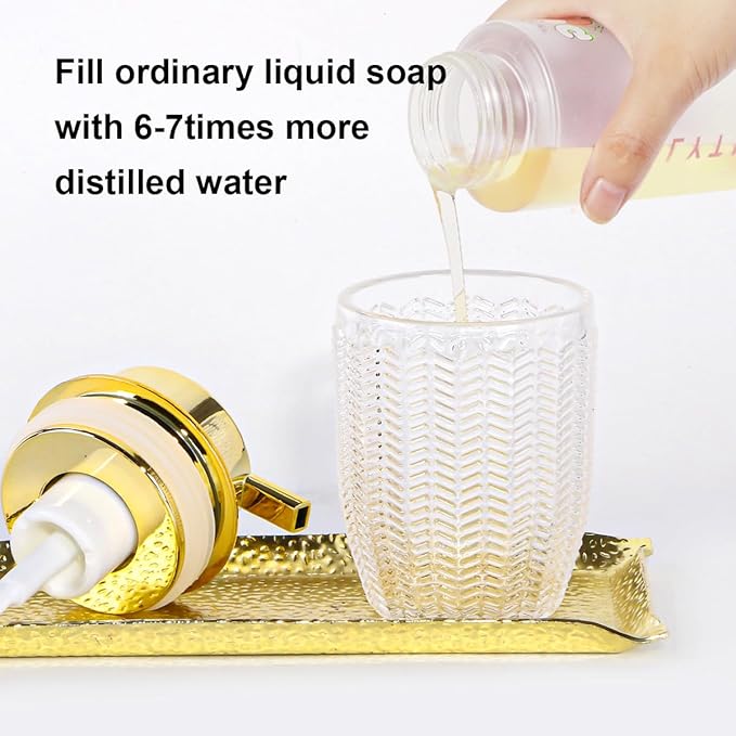 Foaming Soap Dispenser, Glass Foam Hand Soap Dispenser with Pump, 10 Oz Bathroom Refillable Liquid Lotion Pump Creamy Foam Bottle Container for Kitchen Countertop Decor (1, Clear and Gold)