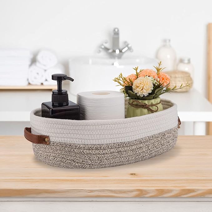 2 Pack Woven Storage Basket for Toilet Tank Top,Farmhouse Home Decor Organizing Basket for Bathroom,Table and Counter 13"x5.9"x4" Apricot Stitching White