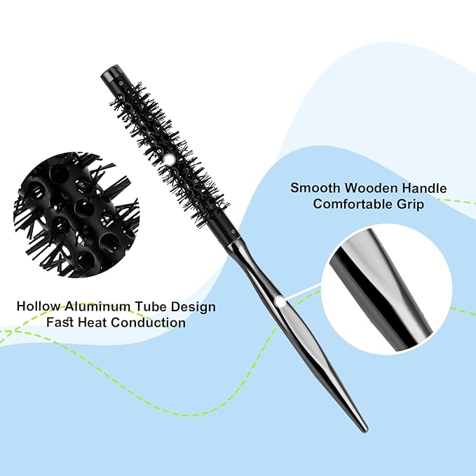 Small Round Curling Brush, Mini Quiff Roller for Blow Drying & Short/Thin Hair - Portable, Smooth Handle & Nylon Bristles
