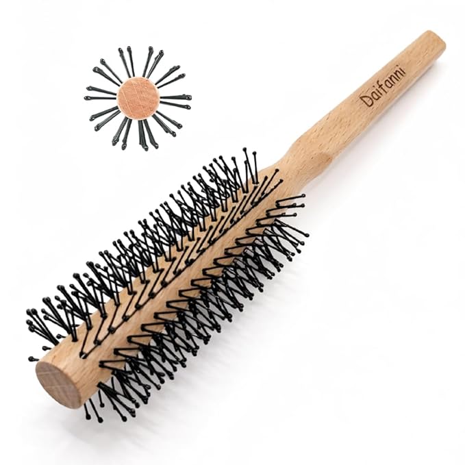Small Round Brush for Blow Drying, Wooden Handle Roller Brush with Soft Nylon Bristles, Curling Hair Brush for Wet Hair, Bangs, Beard, Styling (Round)