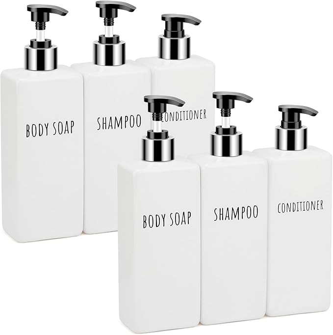 Segbeauty Plastic Shampoo and Conditioner Bottles, Set of 6 Refillable Bathroom Shampoo Dispenser Set, 16.9oz Empty Square Body Wash Dispenser for Shower Bathroom, Liquid Lotion Dispenser for Kitchen