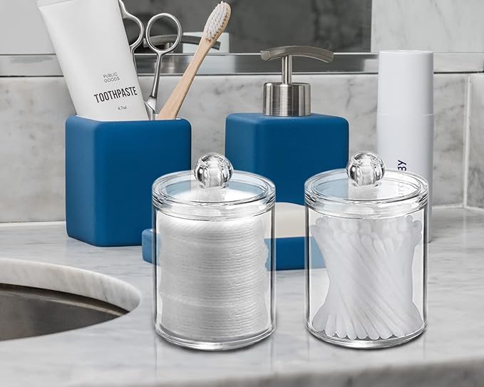 4 Pack Qtip Holder Storage Canister for Cotton Ball, Cotton Swab, Pads, Floss; 10-Ounce Clear Plastic Apothecary Jar with Lid, Bathroom Makeup Organizer (4)