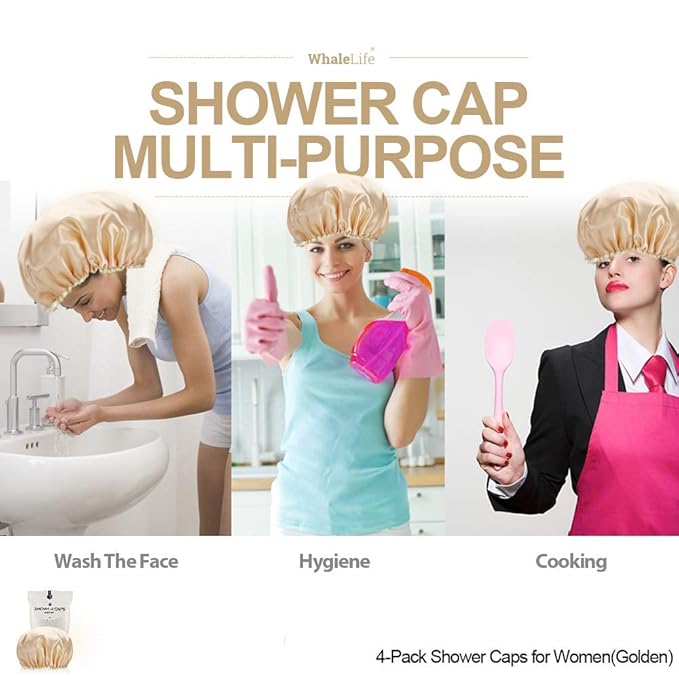 Shower Cap for Women Reusable Extra Large Shower Cap for Men (Golden 4 Pack Large) Satin Double Layer EVA Waterproof Long Hair Cap