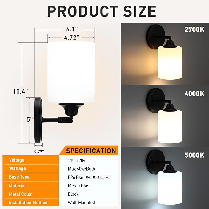 Wall Sconces Set of Two Bathroom Light Fixtures with Frosted Glass Shade, Modern Matte Black Wall Lights Vanity Lights, Sconces Wall Decor Set of 2 for Bathroom Bedroom Mirror (E26 Base)