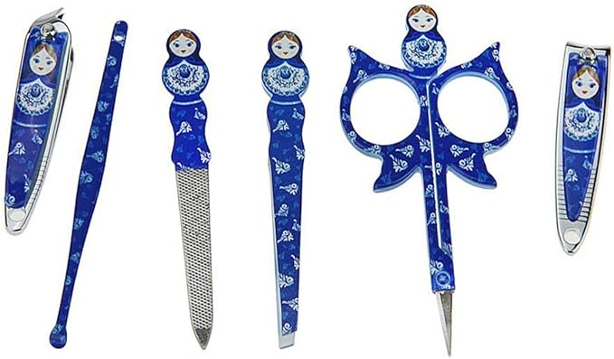 Aibearty Adorable Russian Doll Pattern Stainless Nail Clippers Set of 6Pcs, Professional Grooming Kit, Nail Tools with Luxurious Travel Case