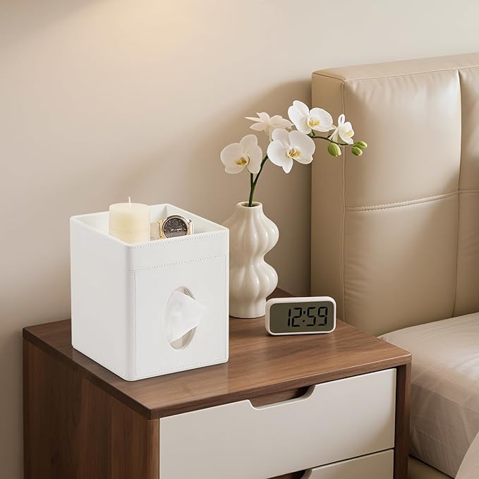 Tissue Box Cover, PU Leather Square Tissue Box Holder with Storage Tray for Bathroom Vanity Countertop Night Stands Bedroom Office Desk, Stylish Tissue Holder Decorative Organizer