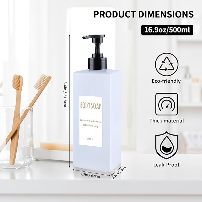 Shampoo and Conditioner Dispenser (Set of 2, 16.9oz) Modern Refillable Shampoo Pump Bottles for Shower Soap - Empty Body Wash Dispenser Set for Bathroom (white)