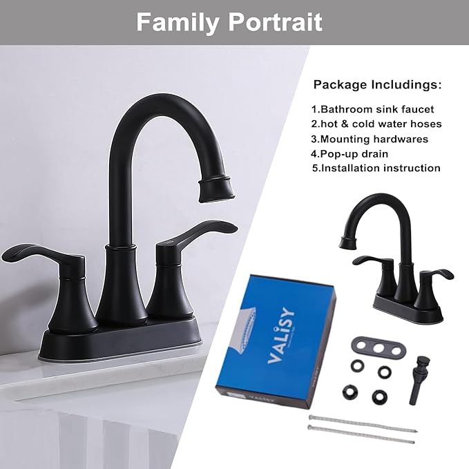 Matte Black Bathroom Sink Faucet, 2-Handle 4 Inch Centerset Lead-Free Modern Commercial, 360° Swivel High-Arc Spout Lavatory Vanity Faucets Set for Sink with Drain & Water Hoses, VALZST050B