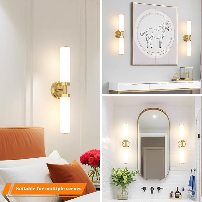 Antique Gold Wall Sconces Set of 2, Modern Bathroom Vanity Lights for Mirror, Wall Light Fixtures with Milk Glass for Bathroom, Bedroom, Hallway, E26 Base, Bulbs Required, 22.05 Inch