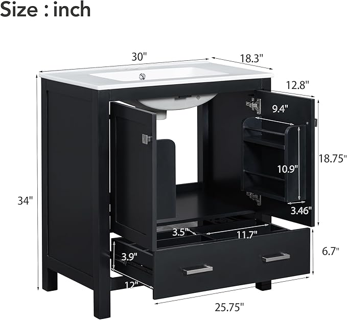 Bellemave 30" Bathroom Vanity with Sink Combo Set, Solid Wood Frame Bathroom Storage Cabinet with a Drawer, 2 Soft Closing Cabinet Doors with Organizer, Black