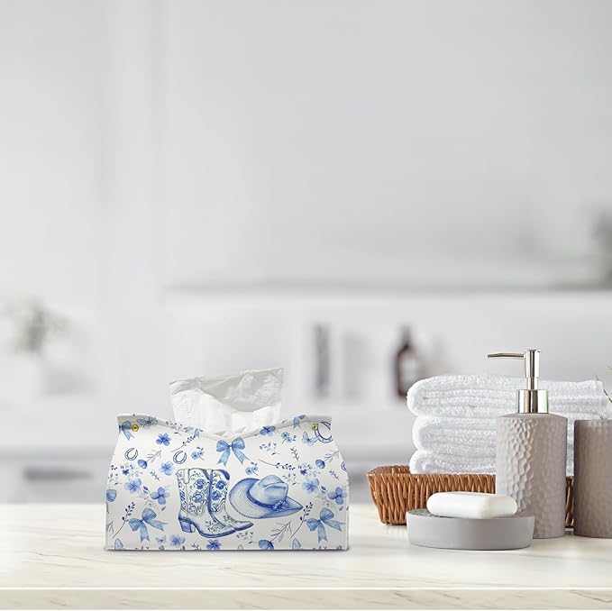Blue Western Cowgirl Tissue Box Cover Rectangle,Blue and White Floral Toilet Paper Box Holder,Leather Decorative Facial Paper Case for Living Room Bathroom Kitchen Office Desk,9.8x5.9x5.9In