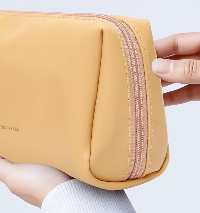 Aveniee Small Travel Makeup Bag, Vegan Leather Pouches for Purse, Cosmetic Case for Women, Toiletry Organizer for Travel Car Accessories with Divider & Zippers - Camel