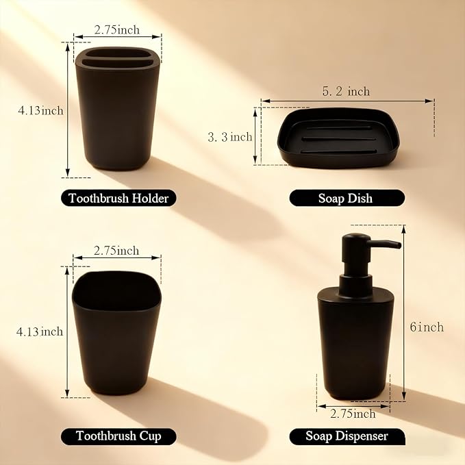 Matte Black Bathroom Accessory Set, 4-Piece Plastic Bathroom Accessory Set, Toothbrush Holder, Toothbrush Cup, Soap Dispenser, and Soap Dish, Suitable for Modern Home Bathroom Decoration