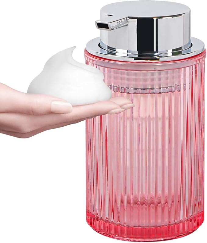 Foaming Soap Dispenser, 12 Oz Pink Glass Foam Hand Soap Dispenser, Refillable Glass Foam Pump Bottle Container Decorative Slim Ribbed Bottle for Bathroom and Kitchen