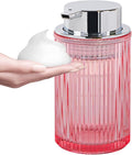 Foaming Soap Dispenser, 12 Oz Pink Glass Foam Hand Soap Dispenser, Refillable Glass Foam Pump Bottle Container Decorative Slim Ribbed Bottle for Bathroom and Kitchen
