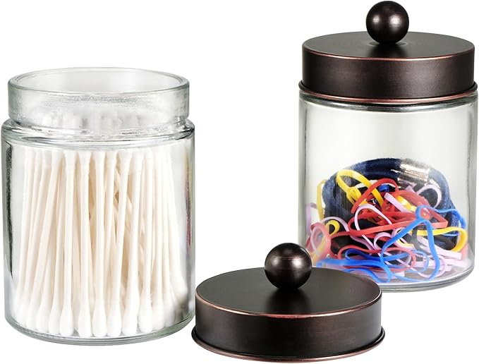 SheeChung 2-Pack Qtip Holder Dispenser-Glass Apothecary Jars with Rust-Proof Stainless Steel Lids-Vintage Rustic Farmhouse Bathroom Vanity Organizer for Cotton Swabs, Balls, Pads(Oil Rubbed Bronze）