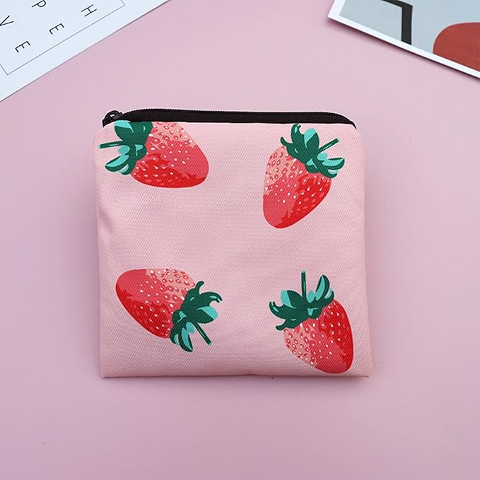 Sanitary Napkin Storage Bag,3pack Sanitary Napkin Pads Storage Bag with Zipper 5x5 inches First Period Bag for Girls,Women,Ladies(Strawberry)