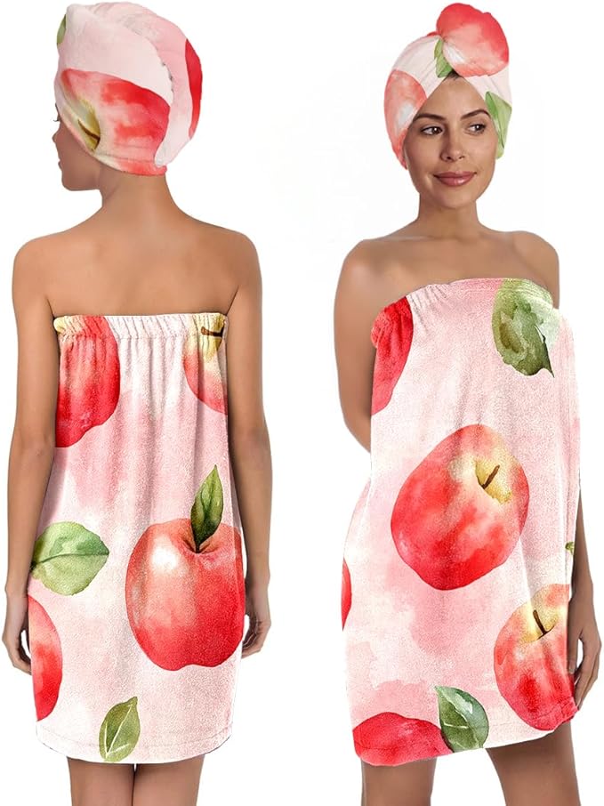 Women’s Pink Watercolor Apple Bath Wrap and Hair Towel Set, Soft Absorbent Microfiber Shower Body Skirt with Elastic Closure, Quick-Dry Lightweight Spa Toweling for Home, Gym & Travel (Apple 3)