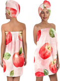 Women’s Pink Watercolor Apple Bath Wrap and Hair Towel Set, Soft Absorbent Microfiber Shower Body Skirt with Elastic Closure, Quick-Dry Lightweight Spa Toweling for Home, Gym & Travel (Apple 3)