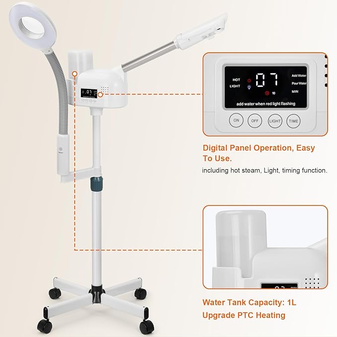 Professional Facial Steamer with 5X Magnifying Lamp, 2 in 1 Facial Steamer Upgrade PTC Heating, Esthetician Steamer Black Face Steamer for Salon Spa Beauty Skin Care (White)
