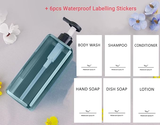 Shampoo and Conditioner Dispensers 25OZ Refillable Large Shower Bottles 2Pack Hand Soap Dish Soap Dispenser with Waterproof Labels Square Pump Bottle for Bathroom and Kitchen- Blue, 750ml