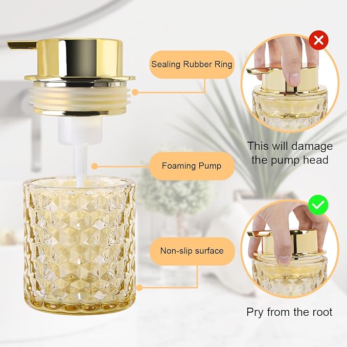 Amber Foaming Soap Dispenser, Glass Soap Dispenser with Gold Pump, Bathroom Refillable 10 Oz Lotion Shampoo Pump Container Vintage Diamond Bottle for Bathroom and Kitchen