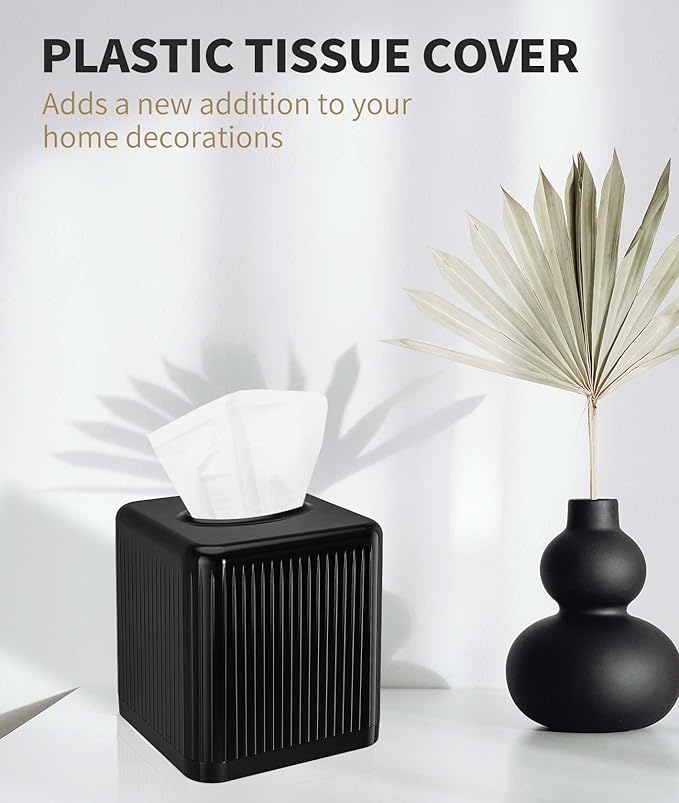 Livelab Square Plastic Tissue Box Holder with Base - Modern Cube Decorative Tissue Cover for Bathroom, Countertop, Living Room, Bedroom, Office - Black