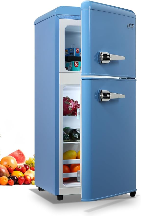 Mini Fridge Compact Refrigerator Small Refrigerator 7 Level Adjustable Thermostat Removable Shelves with Stainless Steel 2 door for Office Dorm Apartment 3.5 Cu.Ft Blue
