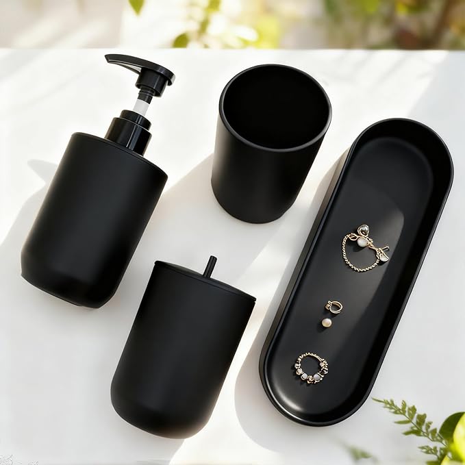 LGURT-4-piece Bathroom Accessories Set, with Toothbrush Holder, Lotion soap Dispenser, Qtip Holder Dispenser and Vanity Tray, Bathroom Counter top Vanity (Matte Black)