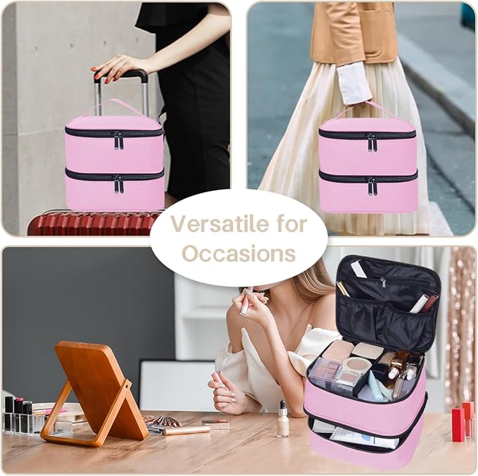 Double Layer Makeup Bag Portable Large Cosmetic Case Organizer with Adjustable Dividers Storage Travel Bag for Accessories Brushes Conditioner and Skin Care Products (Pink)