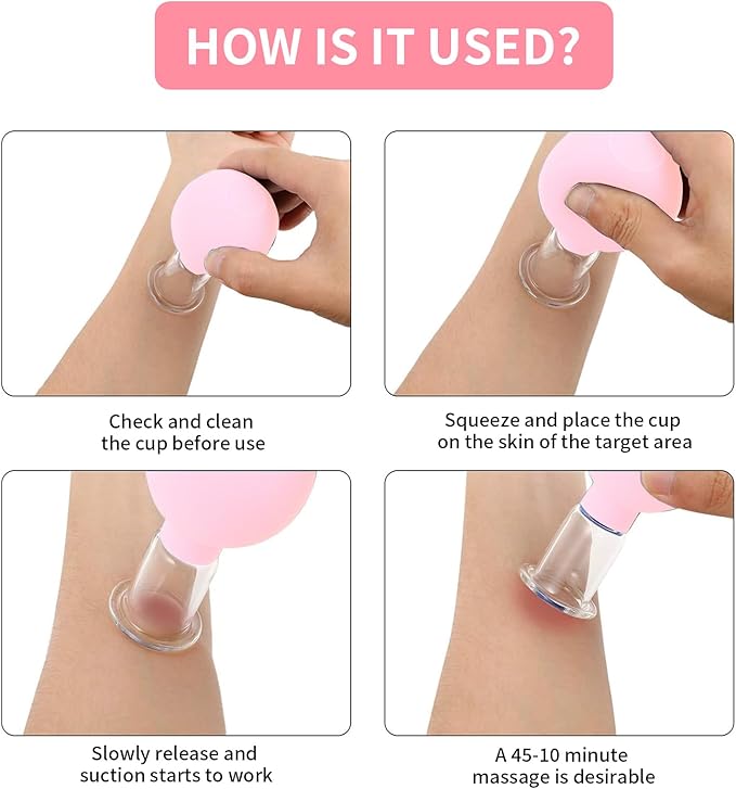 4 Pieces Plastics Facial Suction Cupping Set-Silicone Vacuum Suction Massage Cups Anti Cellulite Lymphatic Therapy Sets for Eyes, Face and Body (Pink)