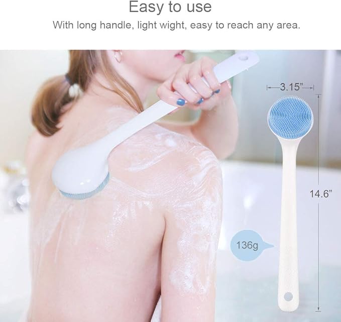 V-TOP Back Scrubber for Shower, Silicone Body Scrubber Long Handle with Soft Bristles, Bath Body Washer Shower Exfoliator Brush for Men and Women, BPA Free, Non-Slip