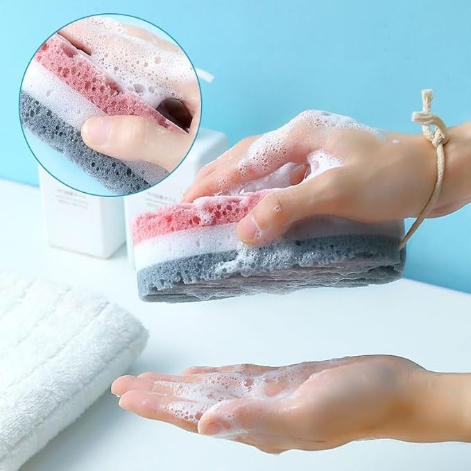 2-Piece Set of 3-Layer Bath Sponges: Soft PU Foam Body Exfoliating Sponges, Exfoliating Bath Sponges with Hanging Straps, and Colorful Luffa Sponges with Rich Lather