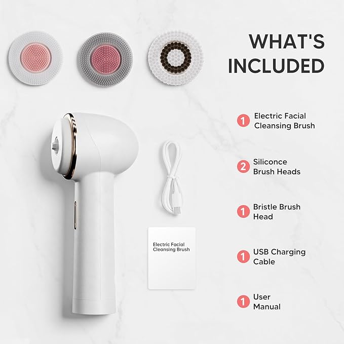 Teen Girls Electric Facial Cleansing Brush – Rechargeable Waterproof Dual Rotating Face Scrubber with 3 Interchangeable Heads, Soft Silicone Exfoliator, Perfect Skincare Gifts