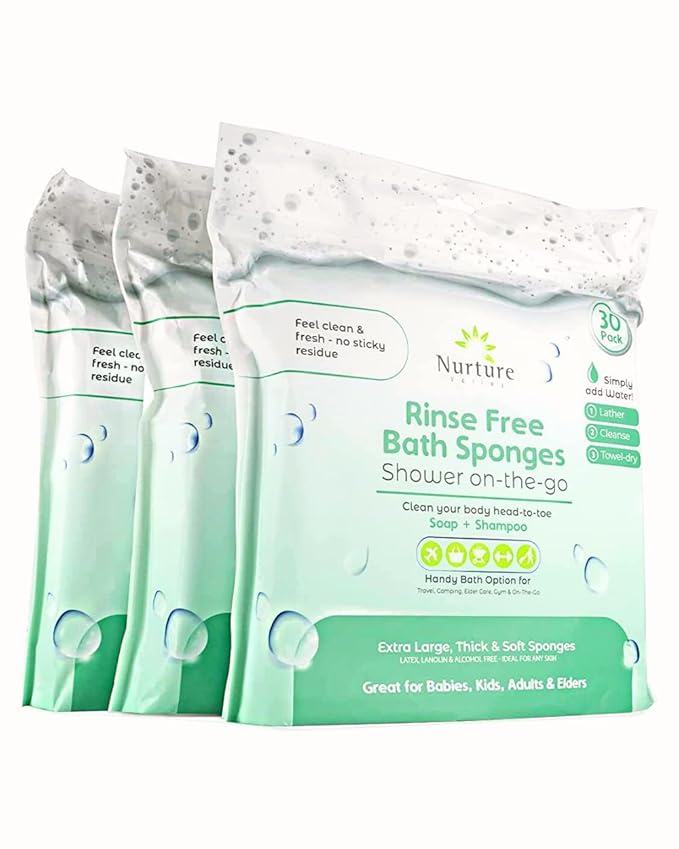 Nurture Valley Sponge Bath Wipes - Large Disposable Wash Cloths for Adults, Seniors, Bedridden, Home Care | Post Surgery Cleansing, Elderly or Disabled Patients | No Rinse Camping Travel Essentials