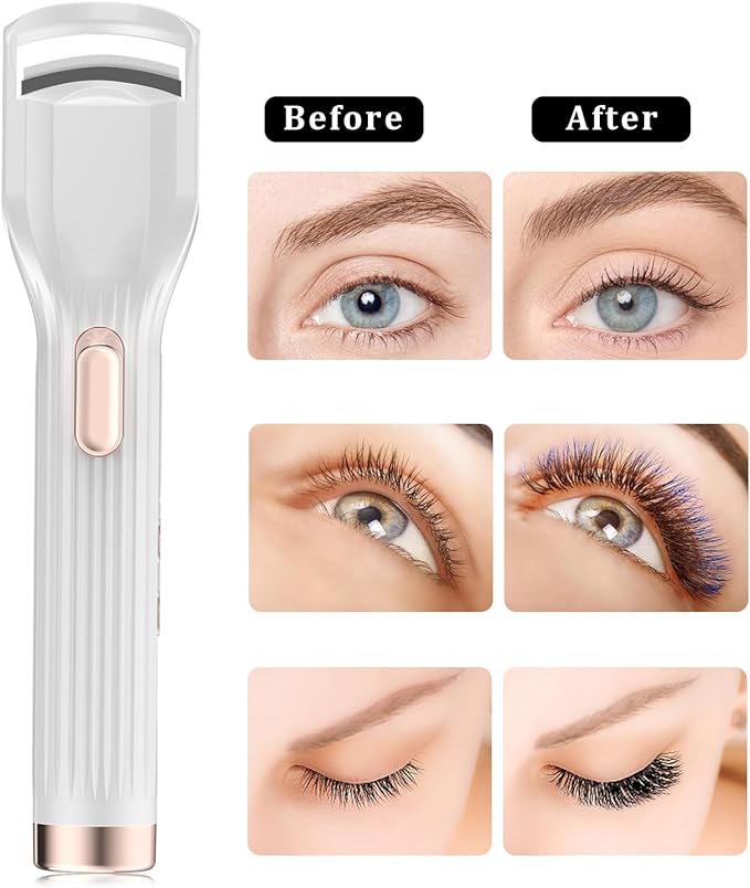 Heated Eyelash Curler Premium PRO - Fast Heat up in 8s - 24 Hours Long Lasting - Rechargeable Electric Eyelash Curler with Type-C, Innovative L Silicone, 2 Heat Modes, Anti-Burn Eyelid, White-GA