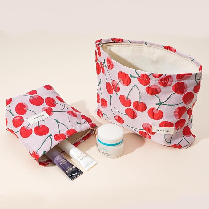 2 PCS Makeup Bag Small Cute Makeup Pouch Floral Cosmetic Bag for Women，Soft Toiletry Bag Pouch for Purse，Embroidery Craft Makeup Bag with Zipper（Cherry）