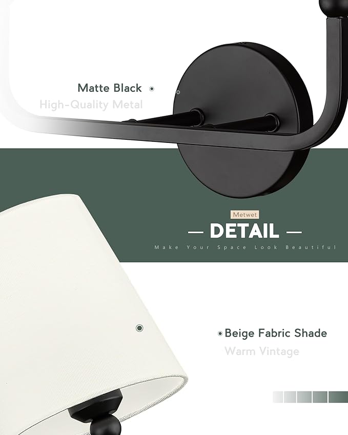 2-Light Bathroom Light Fixtures, Matte Black Vanity Lights, Double Wall Sconce with Beige Fabric Shade, Modern Sconces Wall Lighting for Hallway Bedroom Stairway, VL837-MB-B-2