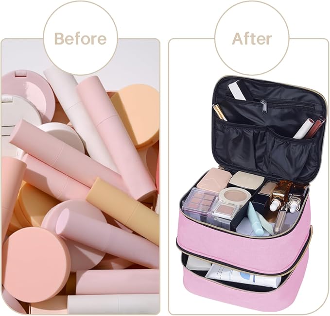 Double Layer Makeup Bag Portable Large Cosmetic Case Organizer with Adjustable Dividers Storage Travel Bag for Accessories Brushes Conditioner and Skin Care Products (Pink Gold)